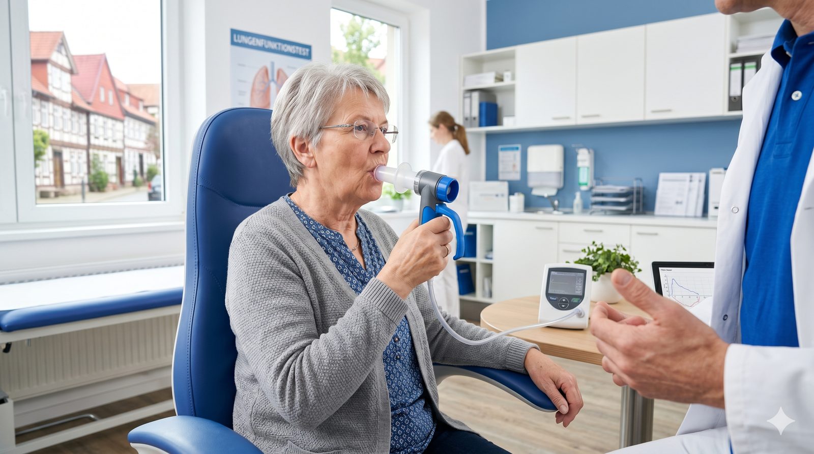 Seniorin macht Spirometrie/Lungenfunktionstest in der Hausarztpraxis Saleem Hildesheim — DMP COPD
