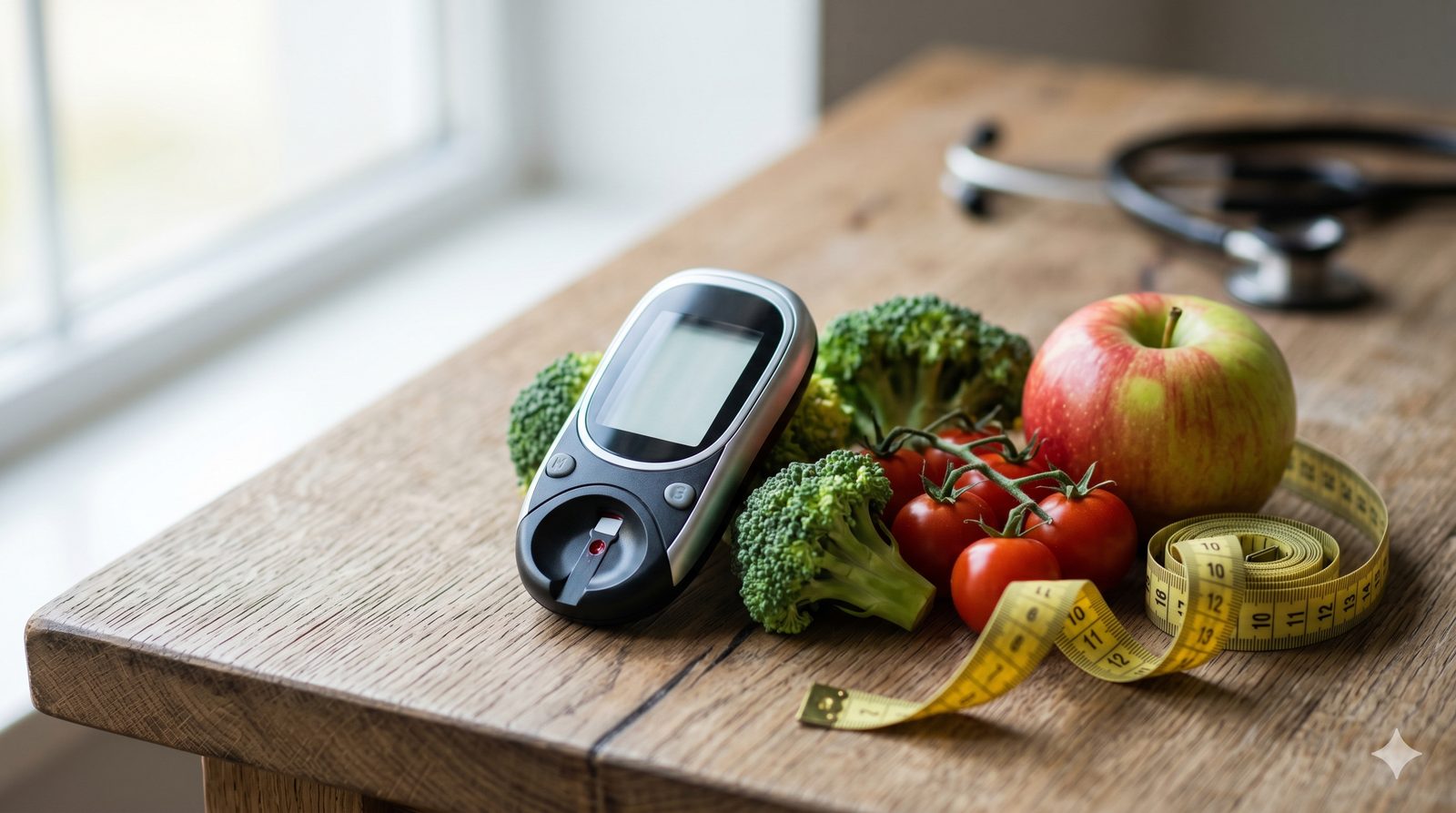 Blutzuckermessgerät mit Brokkoli, Tomaten, Apfel und Maßband — DMP Diabetes Typ 2 in Hildesheim