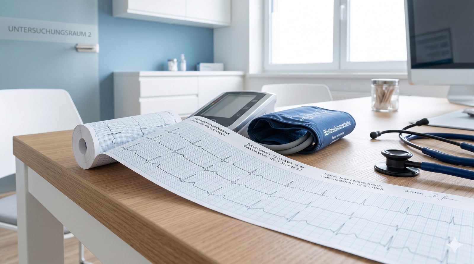 EKG-Streifen mit normalem Sinusrhythmus, Blutdruckmanschette und Stethoskop — DMP KHK Hildesheim